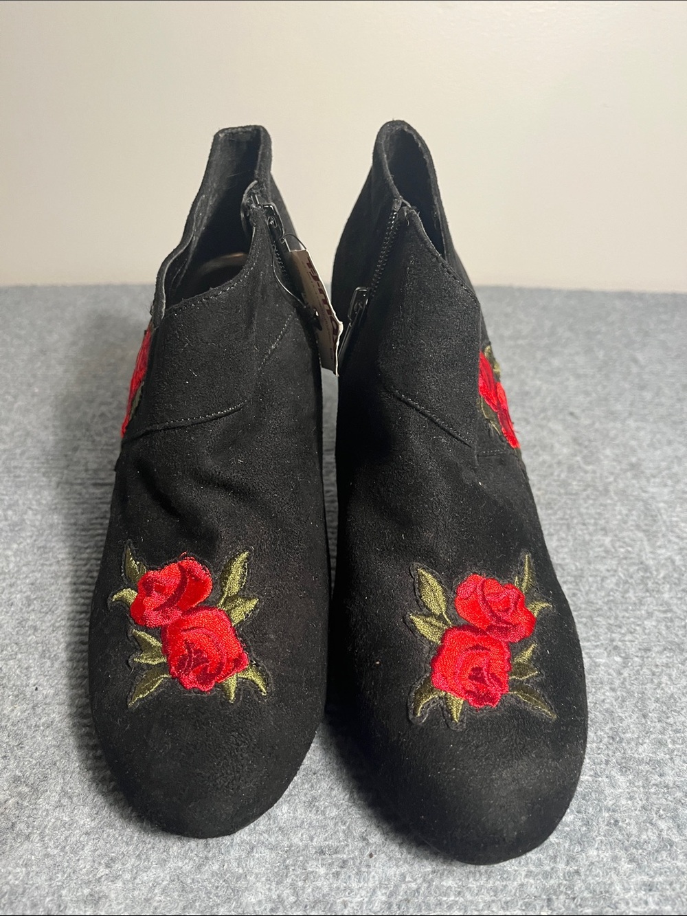 Impo Black Suede-Look Ankle Booties with Red Rose Embroidery
